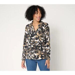 Susan Graver Printed Fleece Back Knit Pullover Size Large Black Floral Bohemian